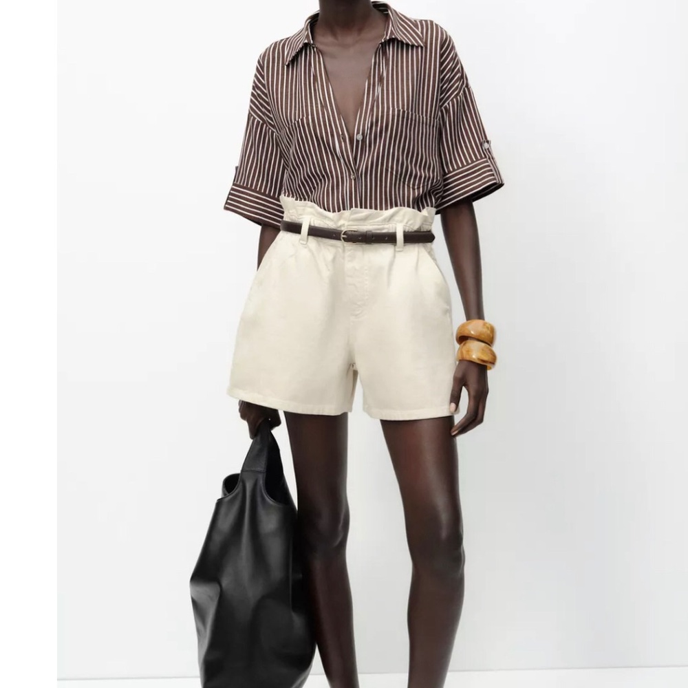 Zara Cream Denim Paperbag Waist Shorts with Belt Size 10 runs large